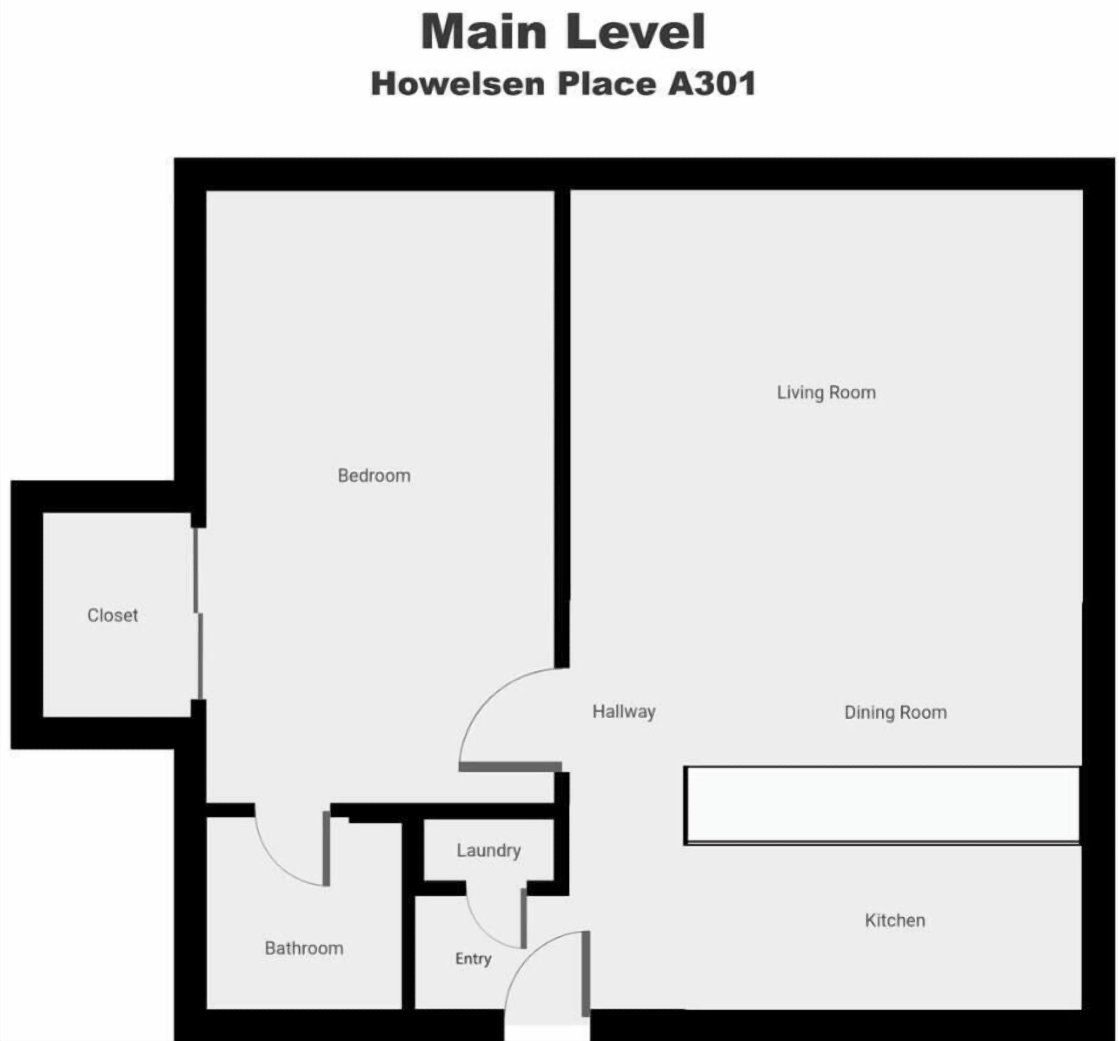 A floor plan of a main level apartment with a bedroom, closet, bathroom, laundry, entry, living room, dining room, kitchen, and hallway.