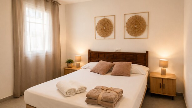A neatly made bed with towels, two wall-mounted decorative items, and bedside lamps in a hotel room. - Spacious, Central Apartment – Ideal for families (Salou)