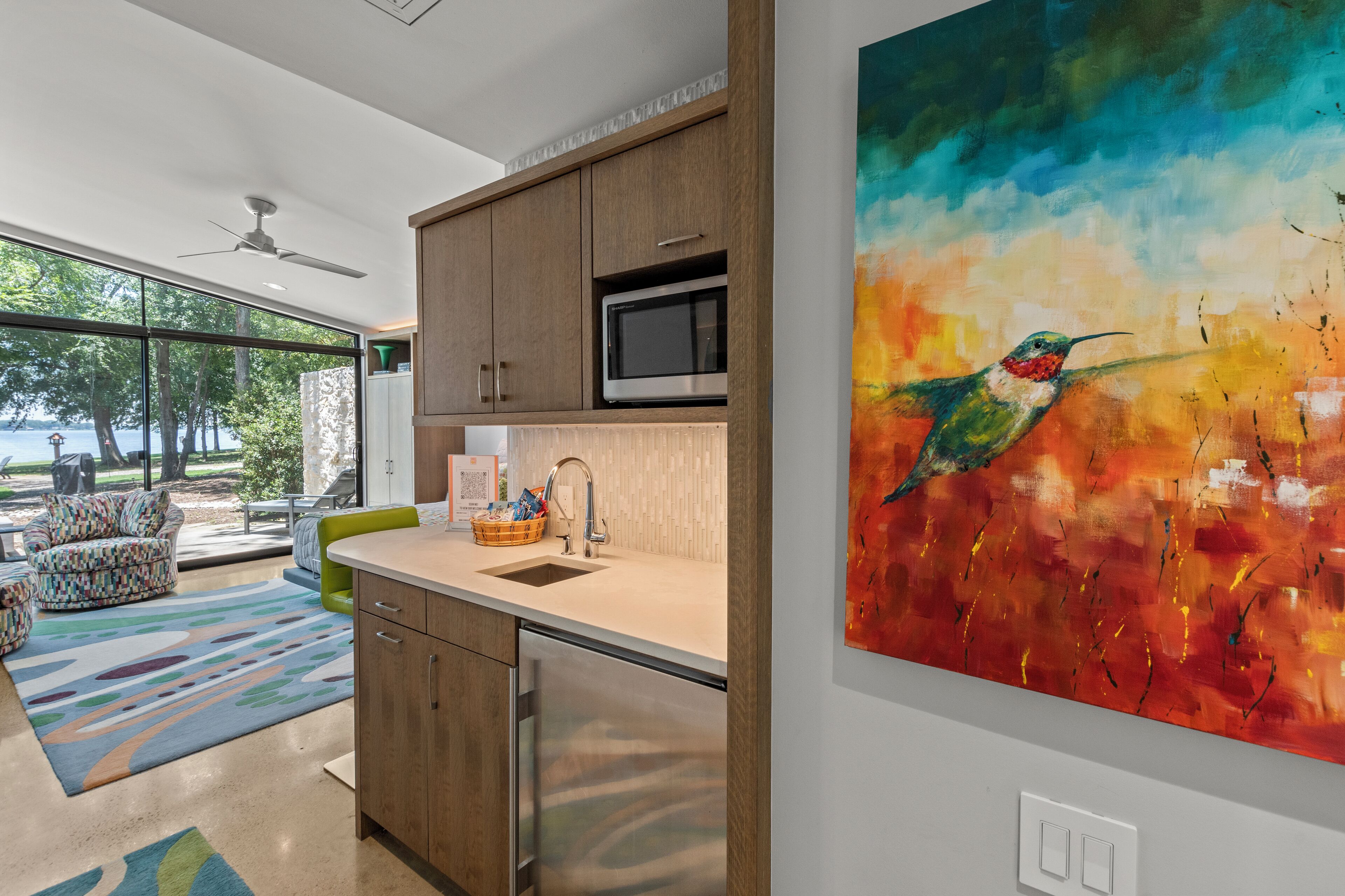 Fridge, microwave, coffee/tea maker, cookware/dishes/utensils