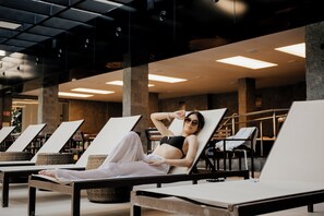 Indoor pool, open 9:00 AM to 10:00 PM, sun loungers