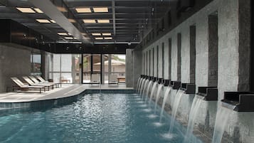Indoor pool, open 9:00 AM to 10:00 PM, sun loungers