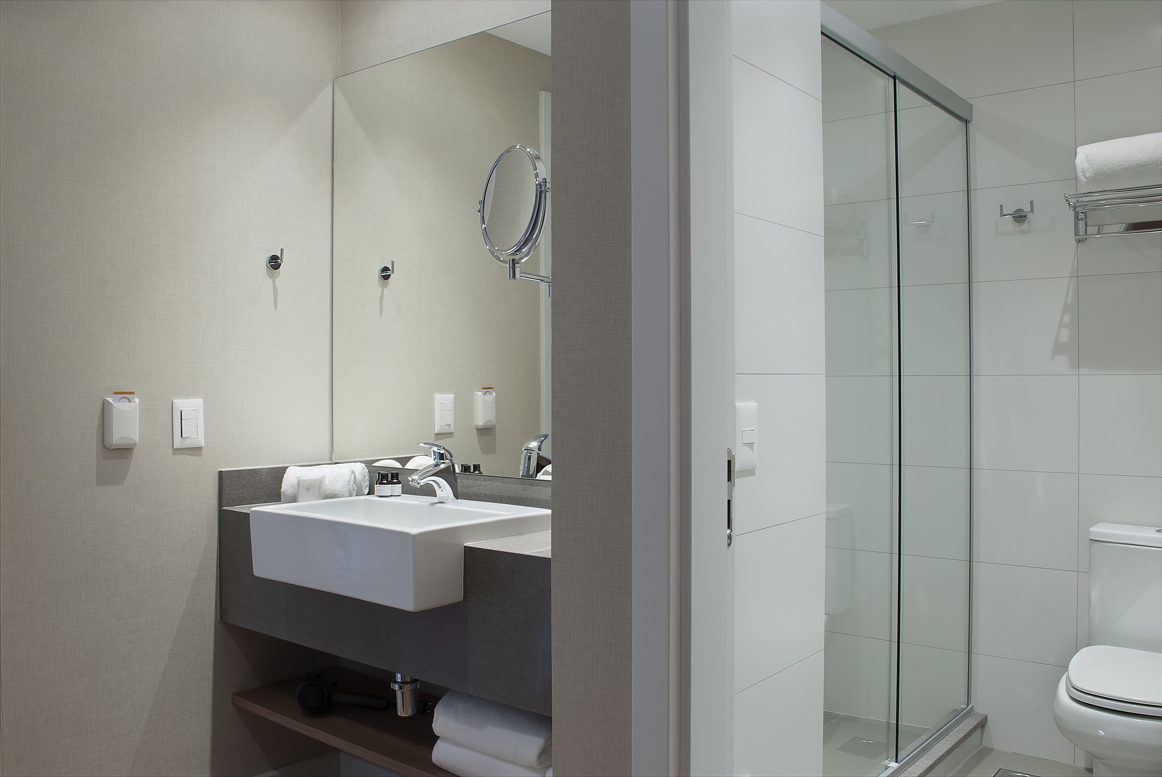 A modern bathroom with a glass-enclosed shower, a sink with a mirror, and a toilet.
