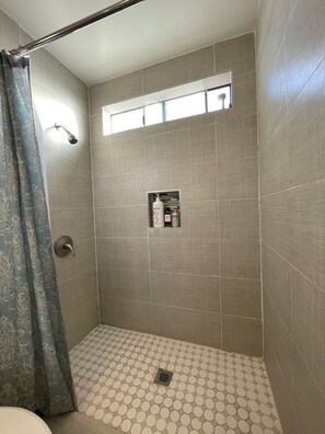 Shower, hair dryer, soap, shampoo