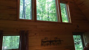 A cabin with three windows offering views of a forest.