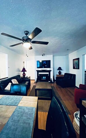 Een televisie, een open haard, videogames en een stereo