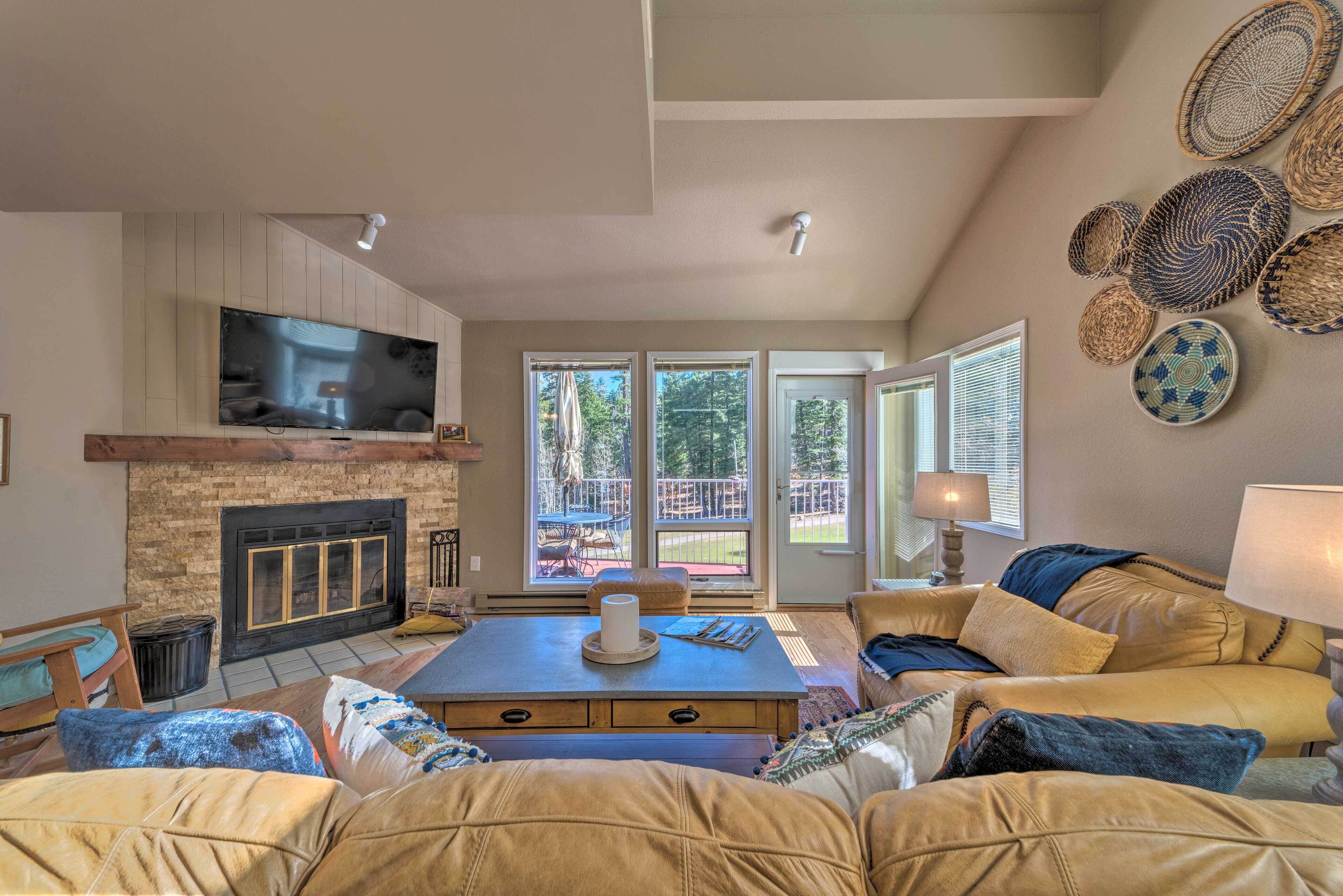 TV, fireplace, books