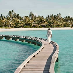 Walk along the boardwalk to the sandy beach, lined with palm trees.