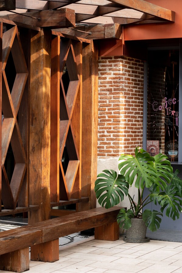 Una estructura de pérgola de madera, un muro de ladrillo y una planta de monstera en maceta.