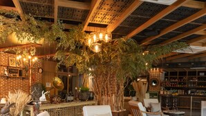 Un espace de détente moderne, avec des meubles en bois, un bar et des plantes d’intérieur.