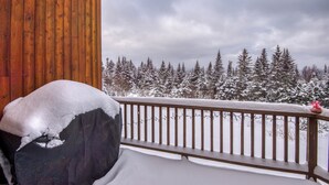 Ein hölzerner Balkon mit schneebedeckten Geländern und Blick auf schneebedeckte Bäume.