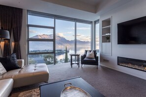 Smart TV, fireplace, books, offices