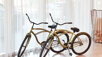 Una bicicleta en una habitación con ventanas amplias y una reja metálica.