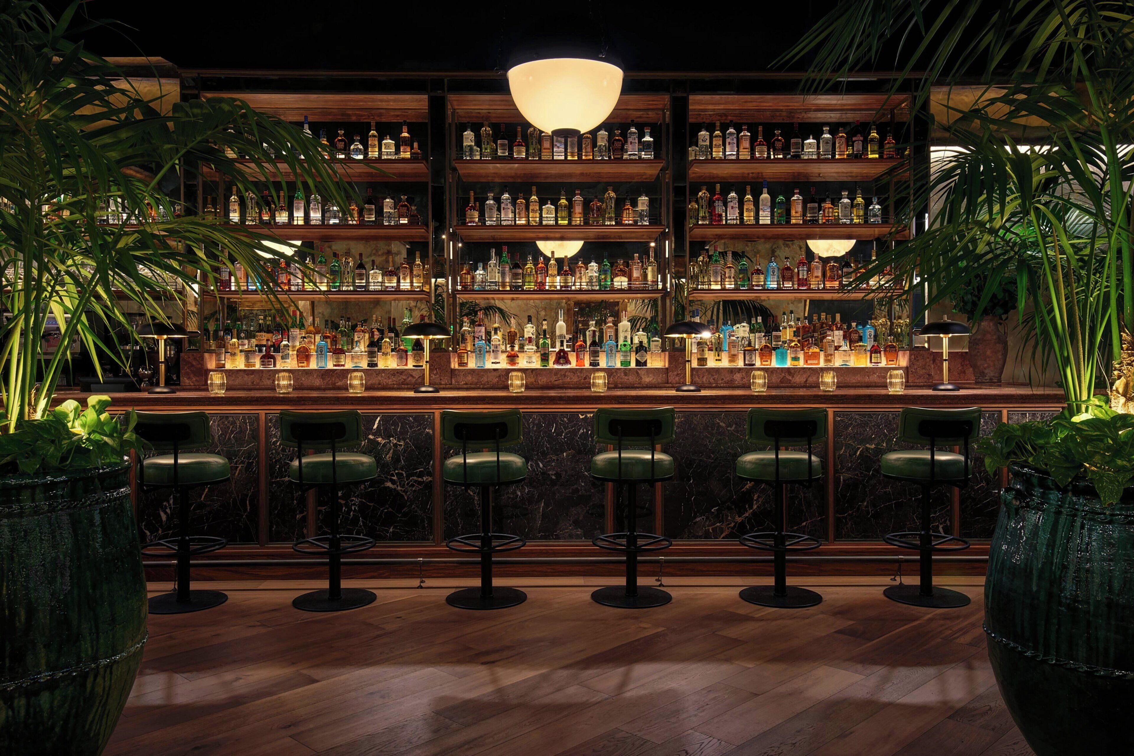 A bar with multiple shelves of liquor bottles, green bar stools, and large potted plants.