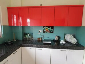 Fridge, microwave, electric kettle, toaster