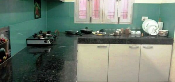 Fridge, microwave, electric kettle, toaster