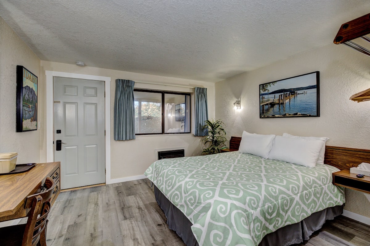 A bedroom with a bed, a desk, a chair, a door, a window with curtains, a plant, and a wall-mounted picture.