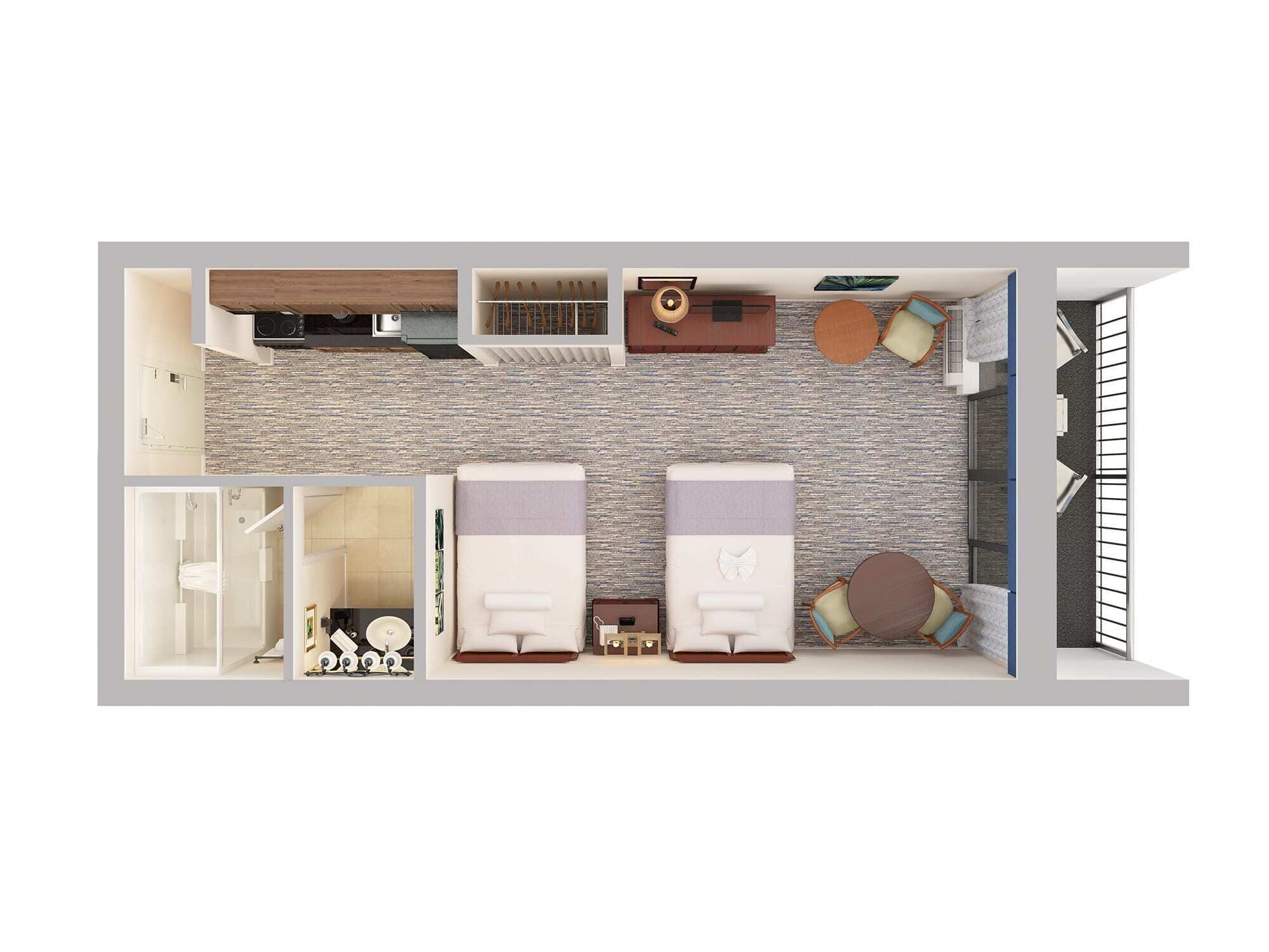 A hotel room with a shower, two beds, a small desk, and a seating area with cushions.