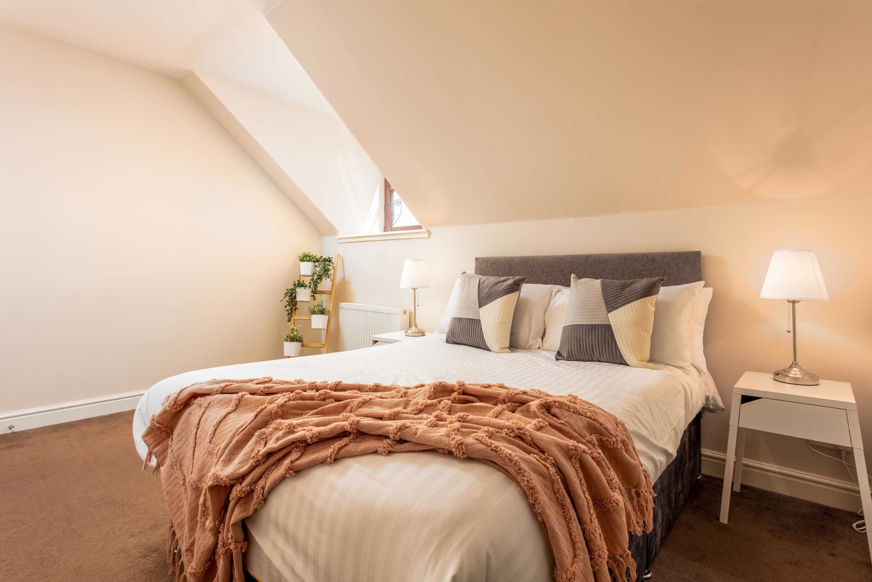 A bedroom with a large bed, a skylight, a bedside table with a lamp, and a small plant.