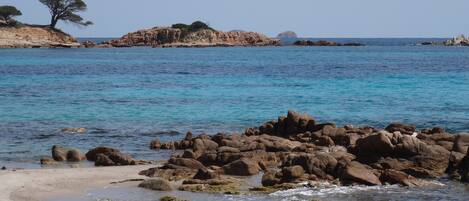 On the beach, sun loungers