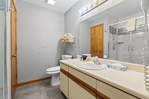 Combined shower/bathtub, hair dryer, towels