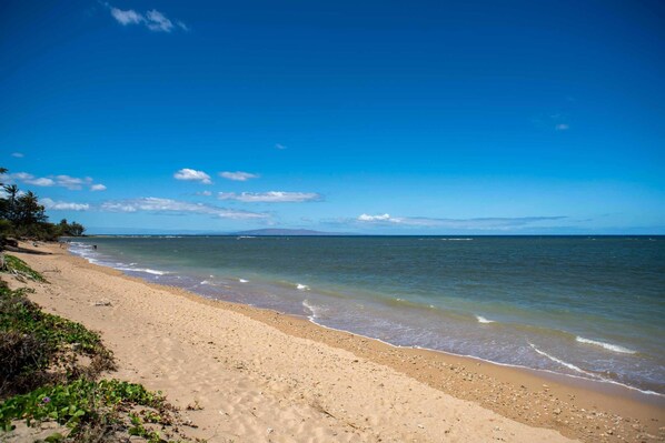 Enjoy a serene beach experience with gentle waves lapping at the shore.