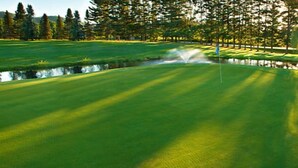 Campo de golf con un estanque, árboles y un mástil con bandera.