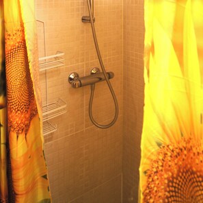 Een douche, een haardroger, handdoeken, toiletpapier
