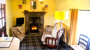 A cozy living room with a fireplace, plaid carpet, and patterned furniture. - Sunflower Cottage A Cosy, Pet Friendly place to stay. (Huntly)