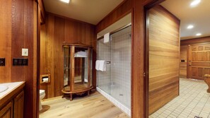 Combined shower/tub, hair dryer, towels