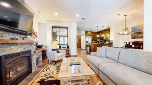 Smart TV, fireplace, video games, DVD player