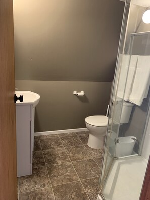 A bathroom with a toilet, a sink, and a glass shower enclosure. - Mountain Cabin on Alyeska with Amazing Valley Views (Girdwood)