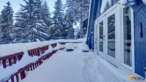 Un terrazzo coperto di neve con ringhiera rossa, una porta in vetro e vista su alberi carichi di neve.