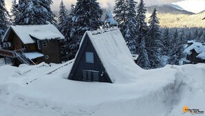 Una baita con un tetto spiovente, circondata da alberi innevati e montagne sullo sfondo.