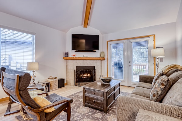 Télévision, cheminée, lecteur de DVD, livres