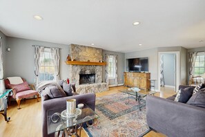 TV, fireplace, DVD player, video library