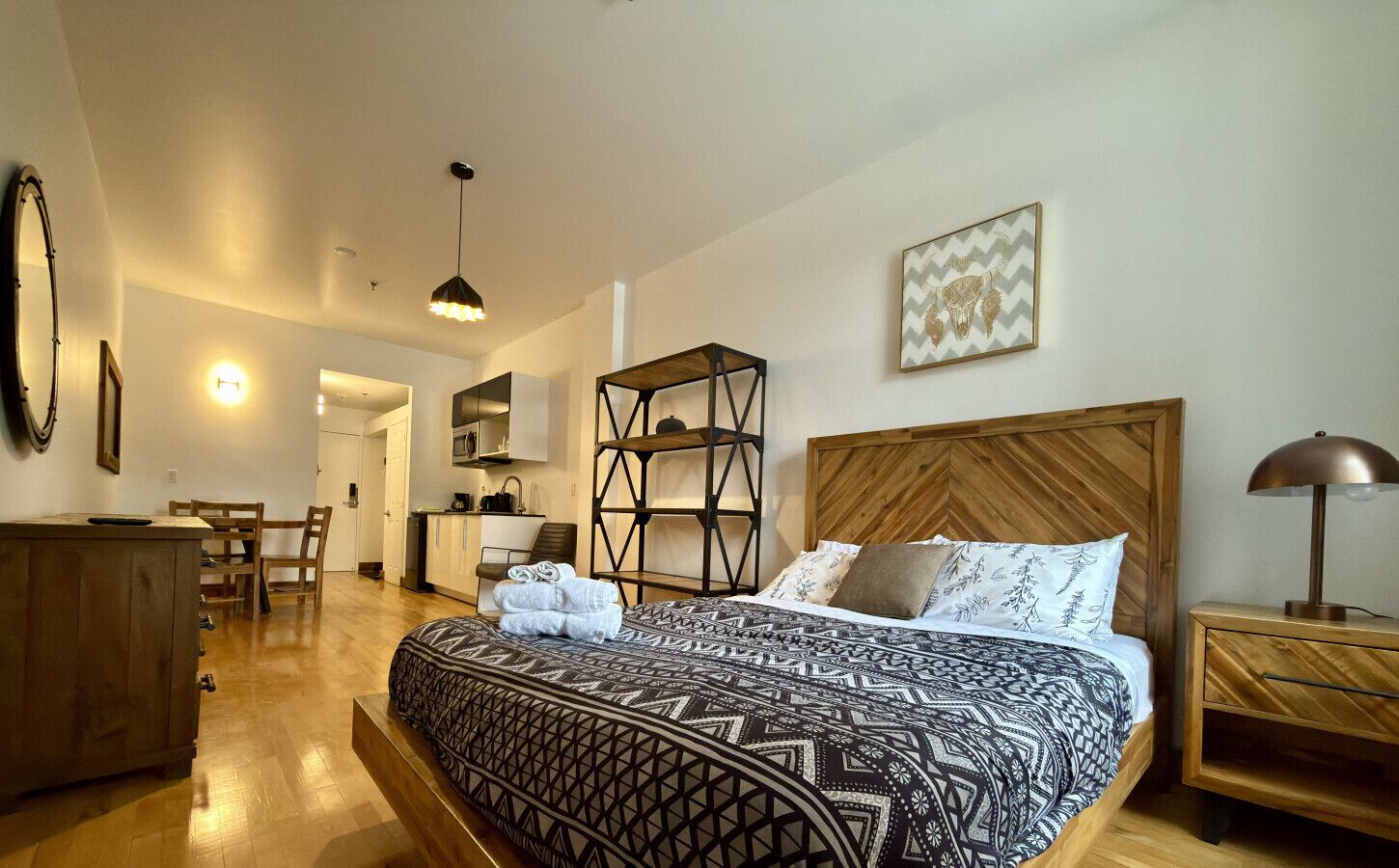 1 bedroom, desk, iron/ironing board, travel cot