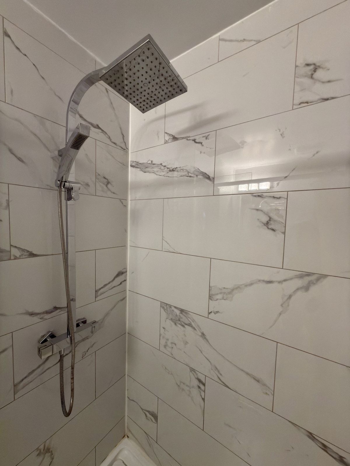 Shower, hair dryer, towels, shampoo