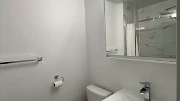 Shower, hair dryer, towels, shampoo