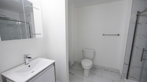 A bathroom with a white sink, a toilet, and a glass shower enclosure.