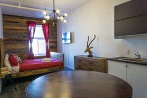 1 bedroom, desk, iron/ironing board, travel cot