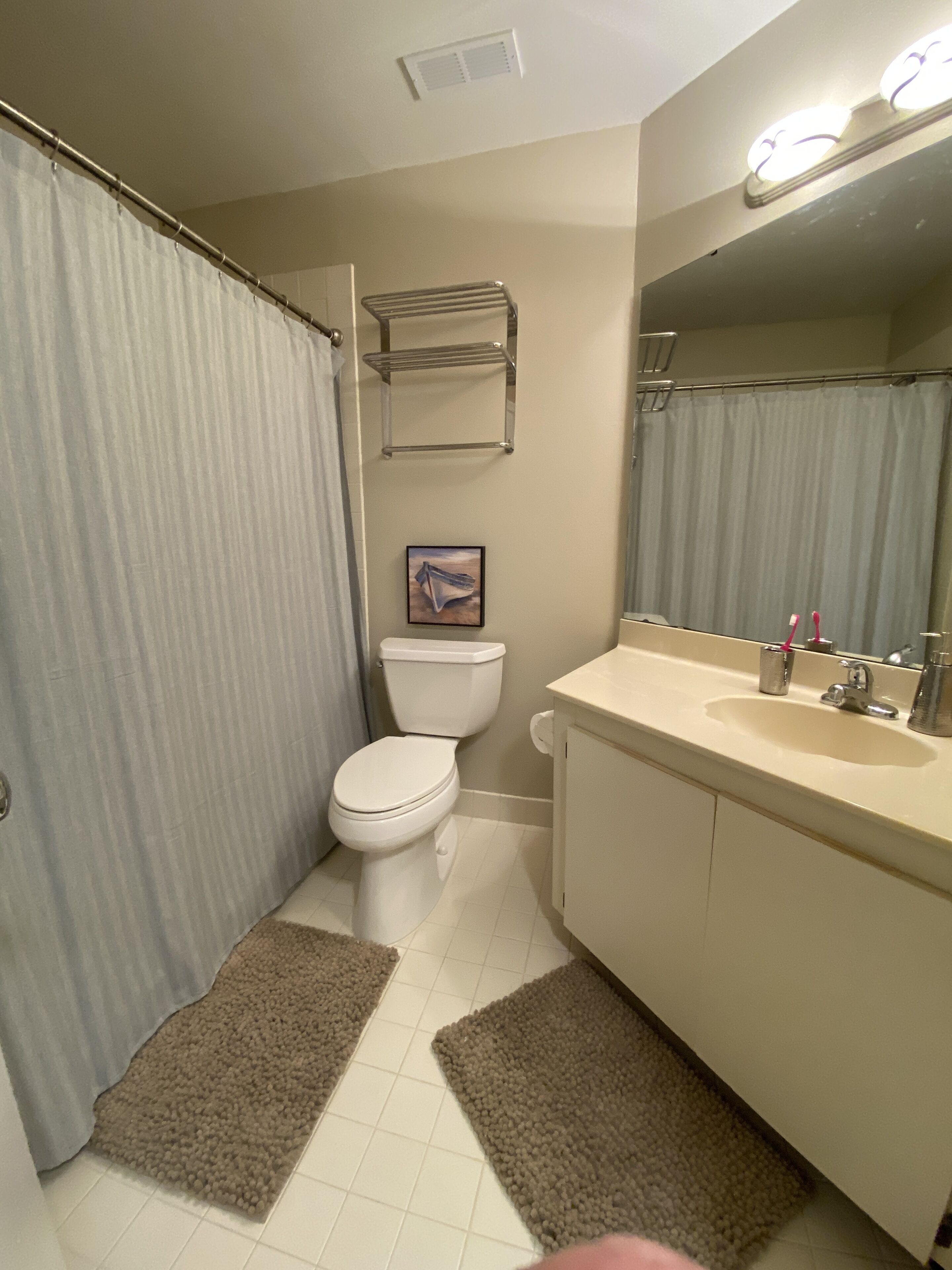 Une salle de bain équipée de toilettes, d’un lavabo, d’un miroir et d’un rideau de douche.