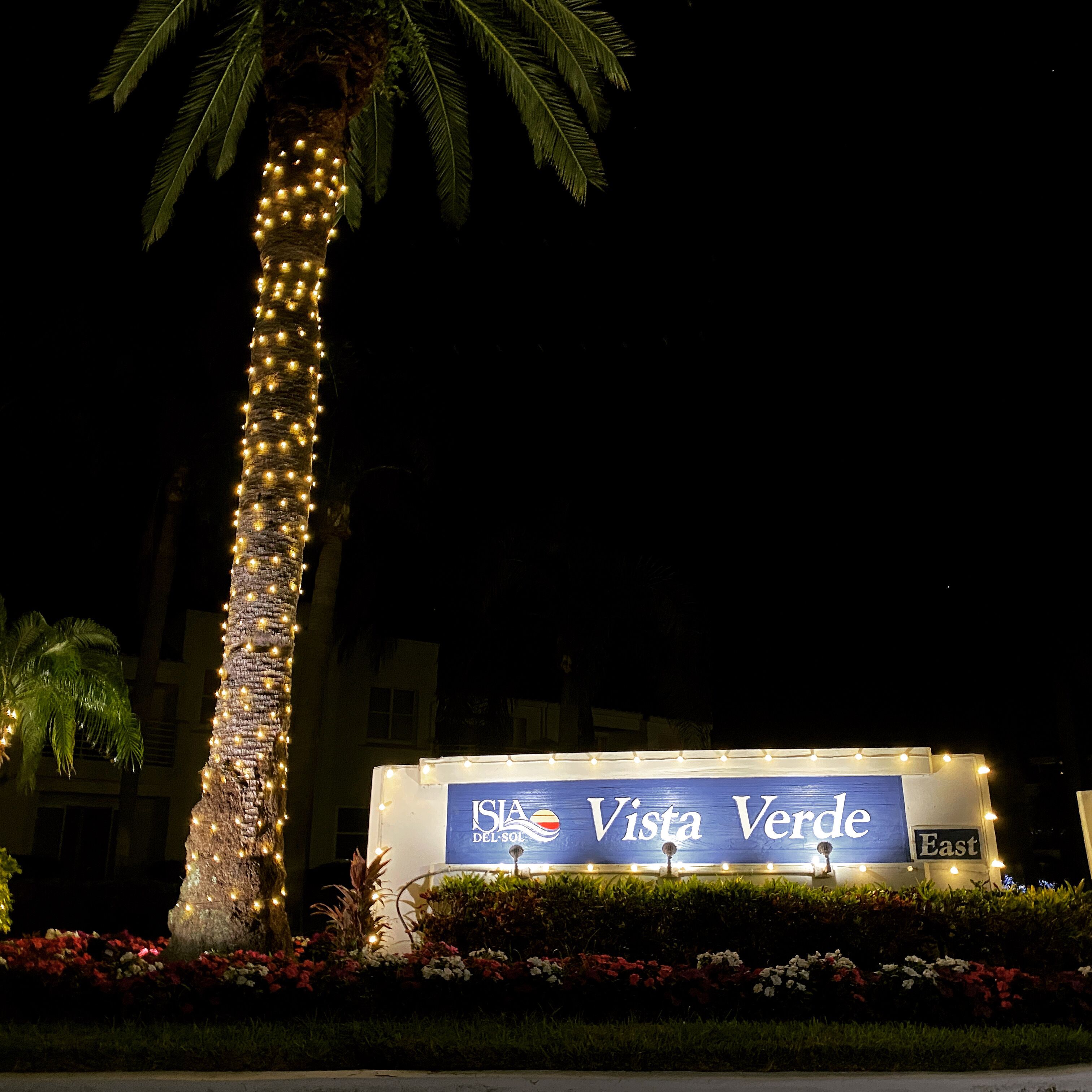 Ein Schild für das Hotel Vista Verde mit einer Lichterkette umwickelten Palme.