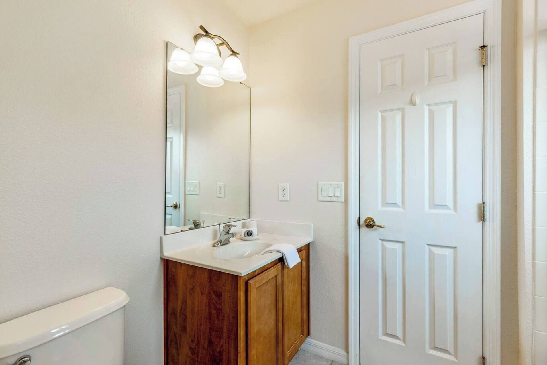 Une salle de bain avec des toilettes blanches, un meuble-lavabo en bois et un miroir doté d’un luminaire.