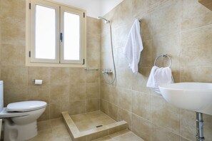 Rainfall showerhead, hair dryer, towels, toilet paper