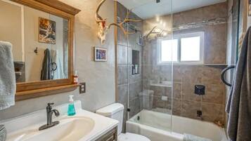 Combined shower/bathtub, hair dryer, towels, soap