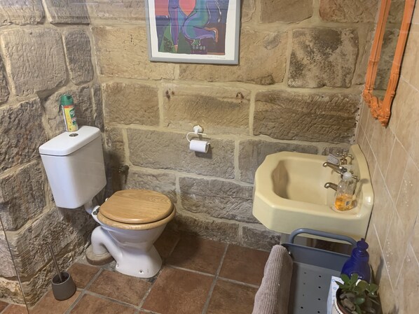 Un bagno con il water, un lavandino e un quadro appeso alla parete.