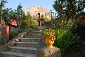 A stone staircase leading to a building with a red door and a yellow vase with flowers.