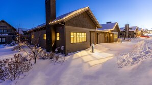 Et sneklædt boligområde med huse, store vinduer og skorstene.