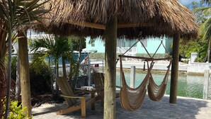 A thatched-roof gazebo with a hammock, surrounded by palm trees and a paved walkway.