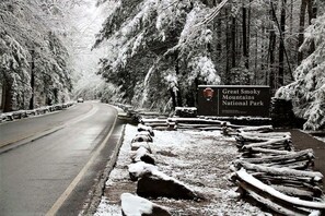 Carretera que conduce al Parque Nacional de las Montañas Humeantes, con un cartel y árboles cubiertos de nieve.
